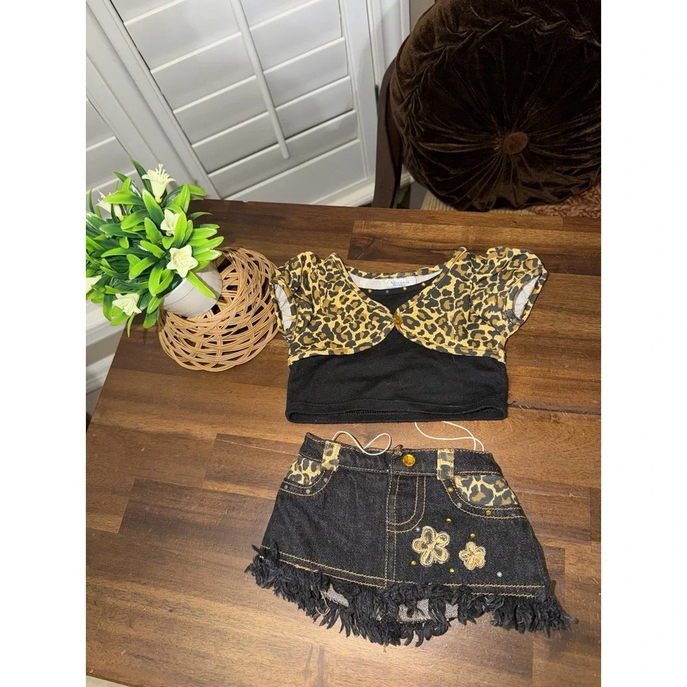 Build A Bear Leopard Cheetah Print Rhinestone‎ Denim Skirt Shirt Outfit y2k